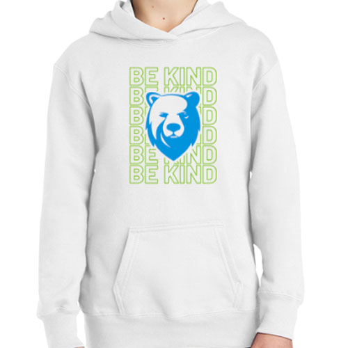 white hooded sweatshirt with be kind and bear icon on chest in green and blue.