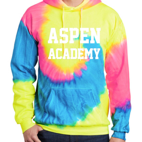 rainbow hoodie with Aspen Academy printed on chest and Aspen Academy logo on left shoulder