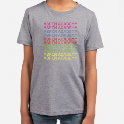 grey short sleeve shirt with multi-colored rhinestones that say "Aspen Academy" on the chest.