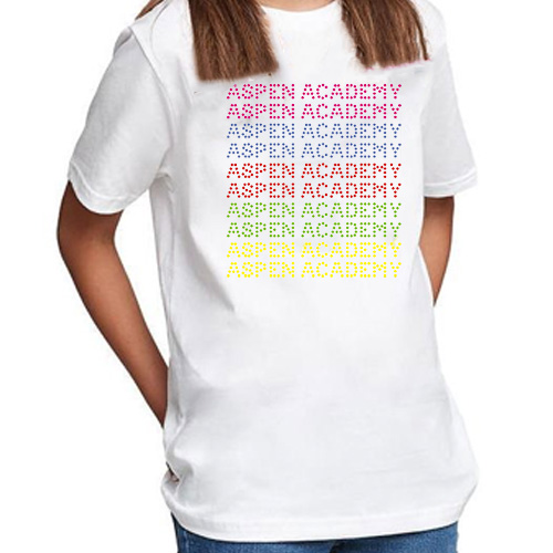 white short sleeve shirt with multi-colored rhinestones that say "Aspen Academy" on the chest.