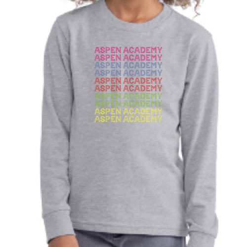 grey long sleeve shirt with multi-colored rhinestones that say "Aspen Academy" on the chest.
