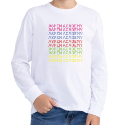 white long sleeve shirt with multi-colored rhinestones that say "Aspen Academy" on the chest.