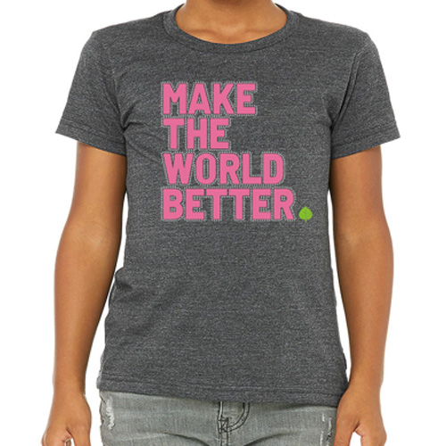 charcoal shirt with pink glitter vinyl "Make the World Better" surrounded by rhinestones.