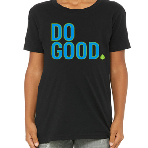 black t-shirt with Do Good in blue and leaf in green puff paint on chest.