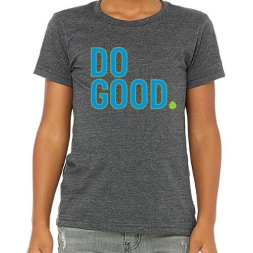 charcoal t-shirt with Do Good in blue and leaf in green puff paint on chest.