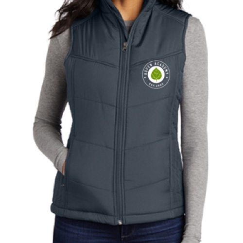 Puffy vest with aspen academy embroidered logo on left chest.