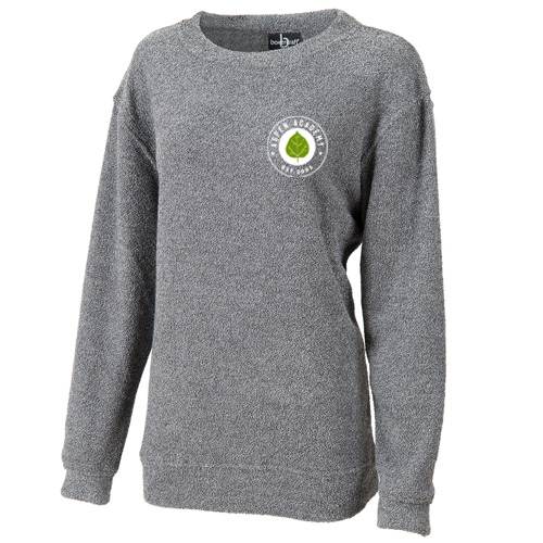 soft charcoal grey crew neck sweatshirt with 3-inch Aspen Academy logo embroidered on upper left chest.