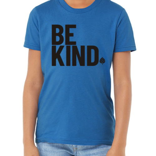 Blue tshirt with Be Kind on chest.