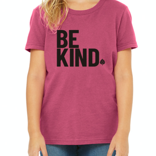 Raspberry tshirt with "Be Kind" on chest