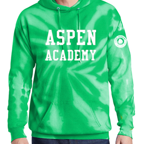 green tie dye hooded sweatshirt with Aspen Academy on the chest and logo on the left shoulder.
