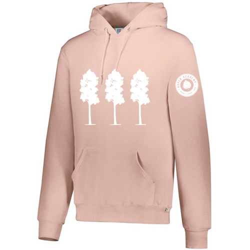 Blush colored sweatshirt with three aspen trees on the front and Aspen Academy logo on the left shoulder.