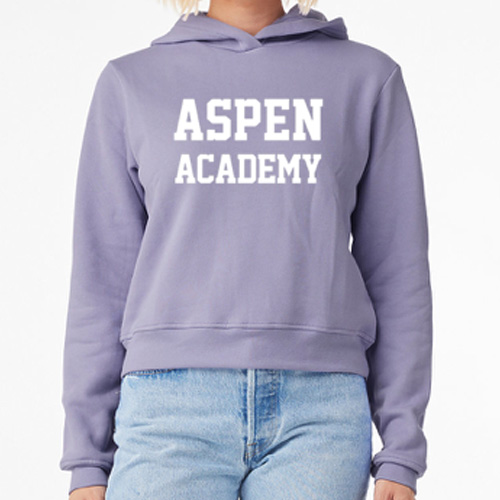 Bella cropped hoodie sweatshirt in lilac with Aspen Academy on front.