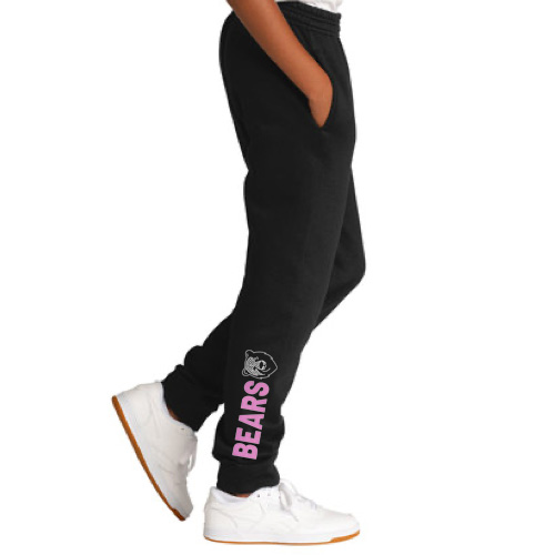Black jogger-style sweatpant with glitter pink vinyl "Bears" and rhinestone Aspen Academy bear icon on the leg.