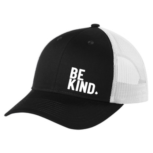 Be Kind hat in black with white mesh backing.