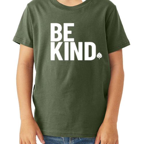 army green t-shirt with Be Kind on chest.