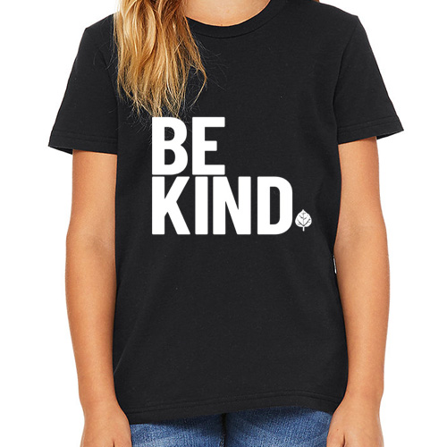 black t-shirt with Be Kind on chest.