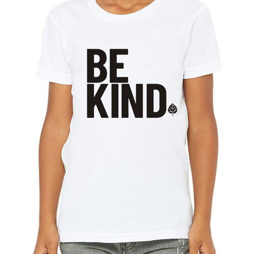 white t-shirt with Be Kind on chest.
