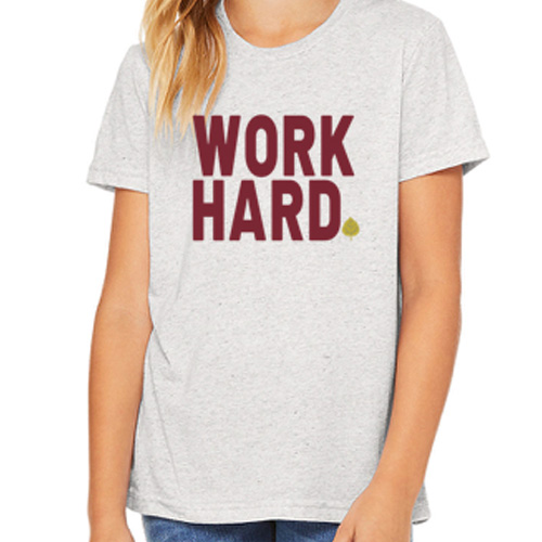 grey tee-shirt with "Work Hard" and leaf on chest