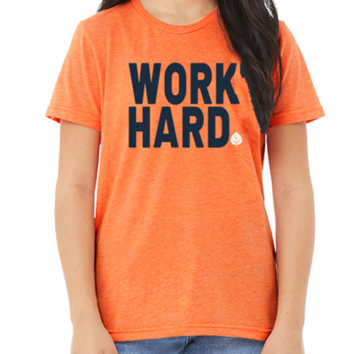 orange tee-shirt with "Work Hard" and leaf on chest