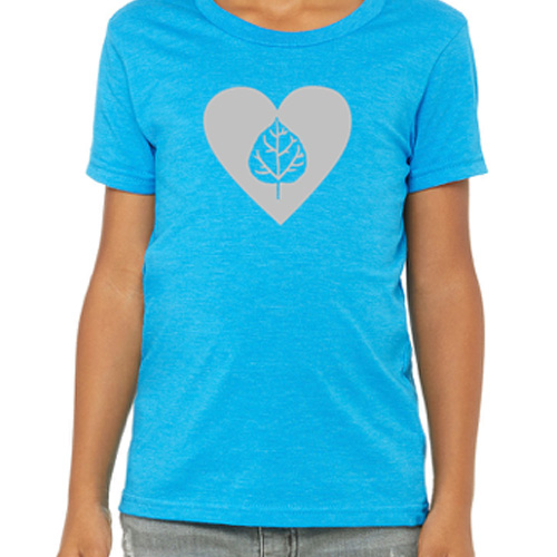 blue short sleeve tshirt with aspen leaf and silver heart on chest