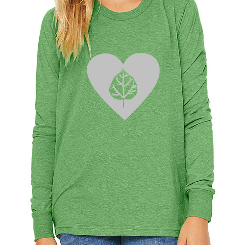 green long sleeve shirt with silver foil heart and aspen leaf on chest.
