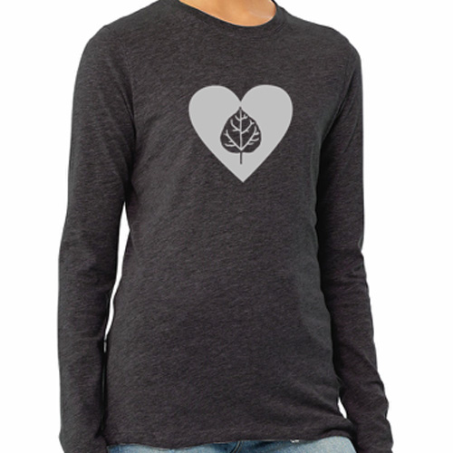 long sleeve shirt in black, with silver foil heart and aspen leaf on chest.