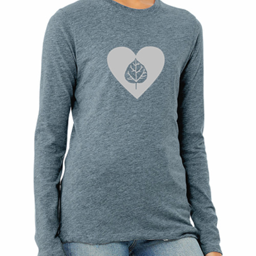 long sleeve shirt in denim color, with silver foil heart and aspen leaf on chest.