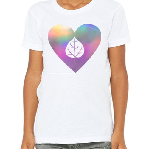 white short sleeve tshirt with aspen leaf and holofoil heart on chest