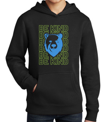black hooded sweatshirt with be kind and bear icon on chest in green and blue.