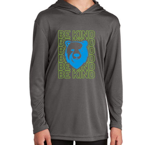 dri-tee performance long sleeve hoodie with Be Kind and Bear icon in green and blue.