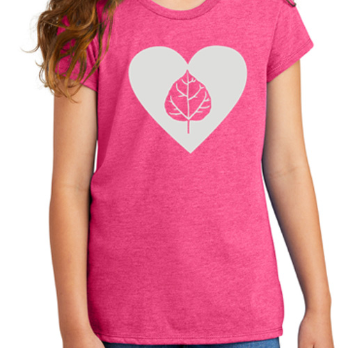 pink short sleeve tshirt with aspen leaf and silver heart on chest